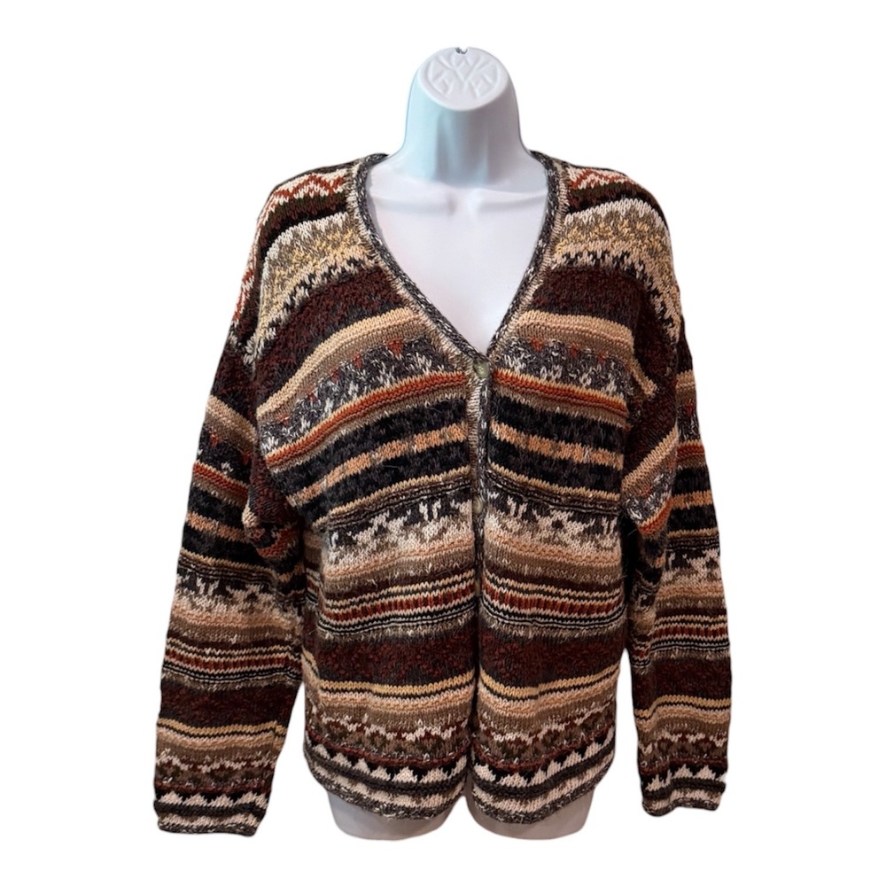 Casual Corner Vintage Hand Knitted Cardigan Sweater Brown Fair Isle Striped L